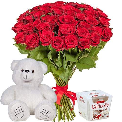 gjlfheyjr 51 троянда, ведмедик і "Raffaello"