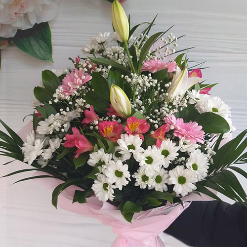 мікс букет хризантеми, альстромерії, лілії фото