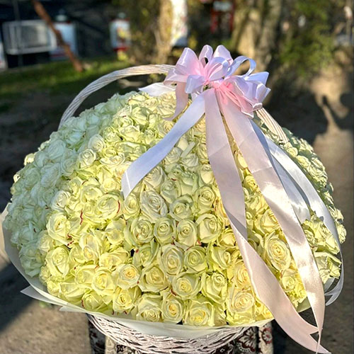 букет из 501 белой розы в корзине фото