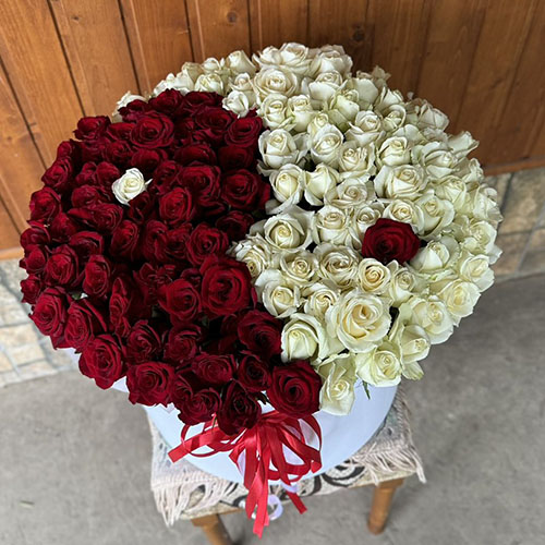 фото букета 101 красная и белая роза в коробке